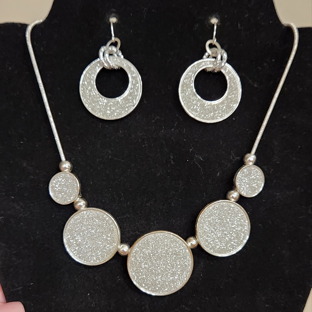 Silver Oversized Circular Crystal Disk Necklace and Earring Set